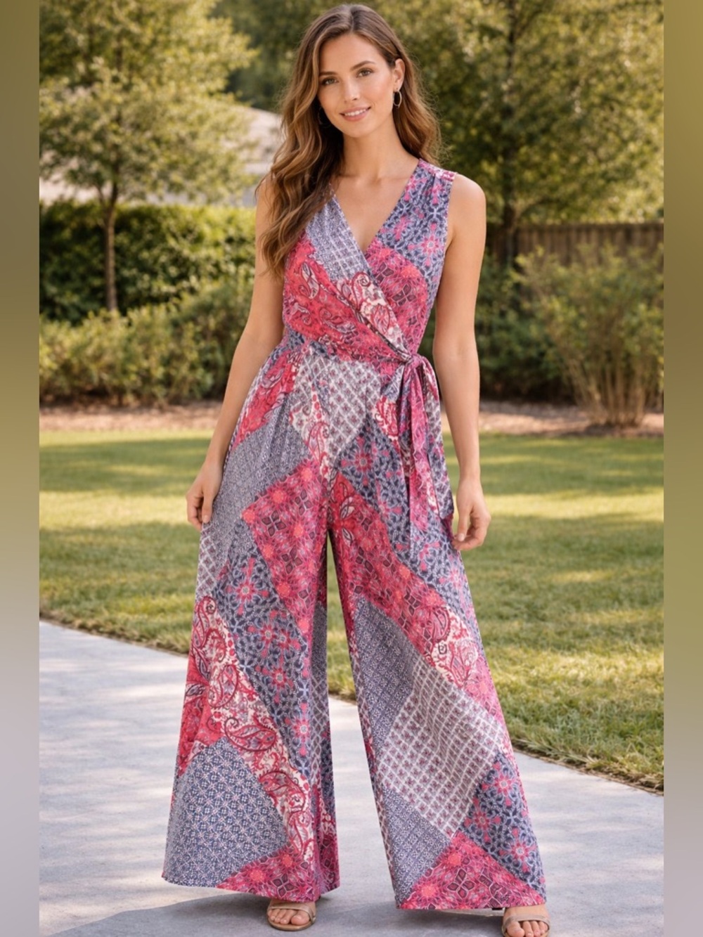 Nina Leonard Pink and Gray Patchwork Wrap Jumpsuit with Waist Tie